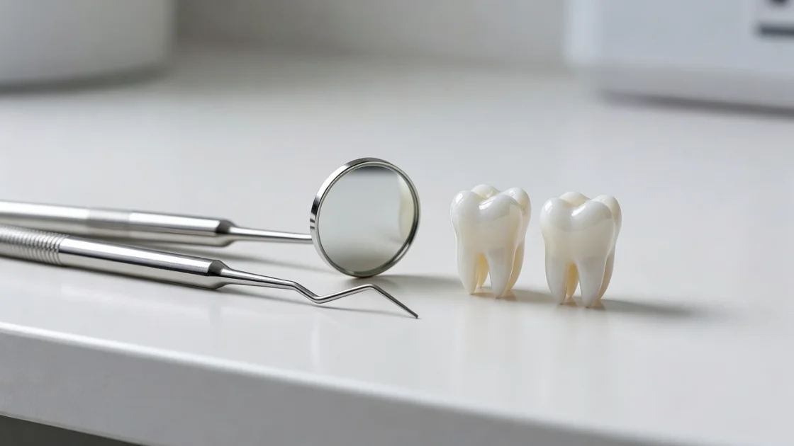Instrumente dentare aproape de zona molarilor, în lumină clinică blândă, într-un mediu profesional medical.