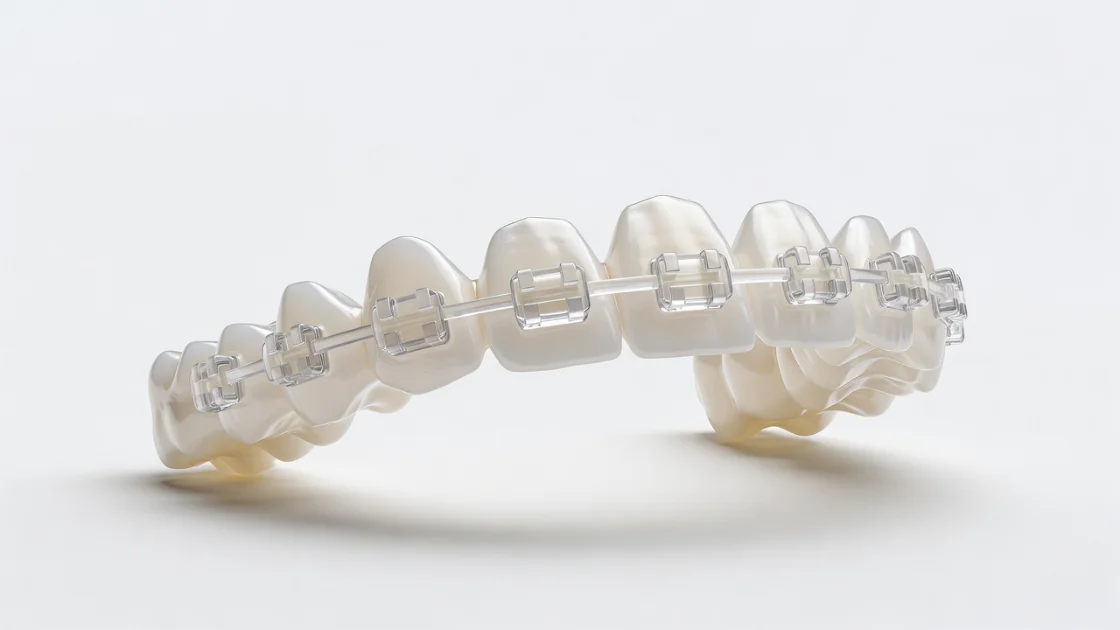 Aparat dentar ceramic transparent pe dinți superiori, fundal alb curat, iluminare naturală fină.