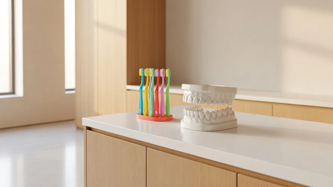 Cabinet stomatologic pediatric cu suport colorat pentru periuțe și model de dinți pe blat alb.