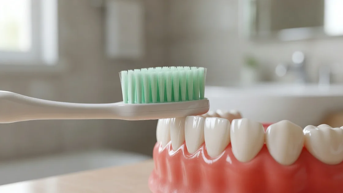 Periuță de dinți cu peri moi curățând linia gingiilor sănătoase într-o baie luminoasă.