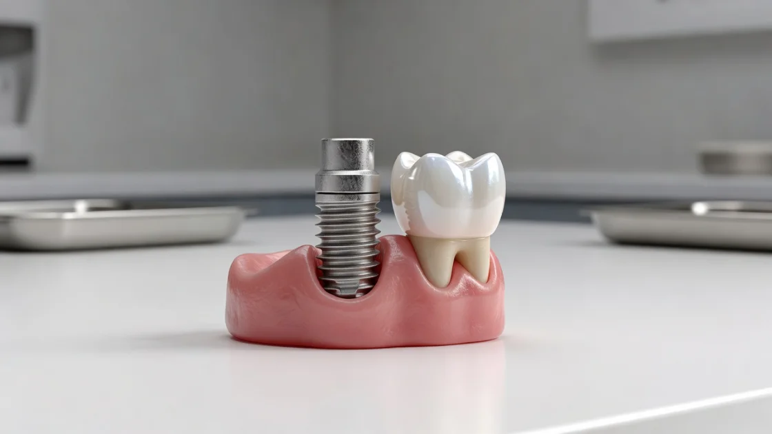 Model de implant dentar pe suprafață albă, iluminare clinică clară ce evidențiază detaliile metalice.