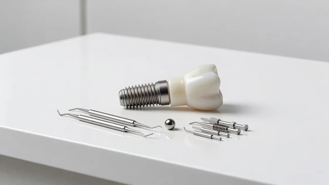 Model implant dentar pe suprafață albă cu instrumente stomatologice în lumină clinică.
