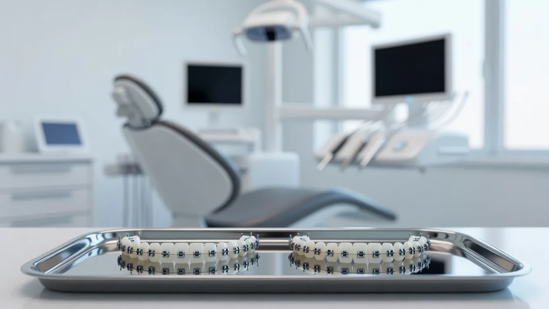 Două aparate dentare forma danturii pe o masă, în fundal scaun și aparatură stomatologică modernă, blurate.