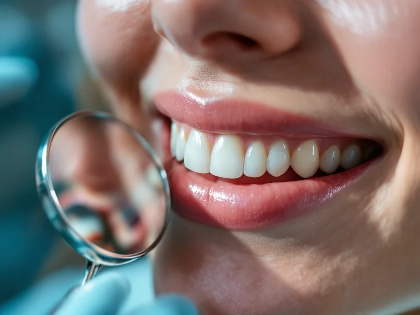Zâmbet sănătos cu gingii roz coral, textură fină și dinți naturali uniformi, reflectați de o oglindă dentară pe fundal clinic