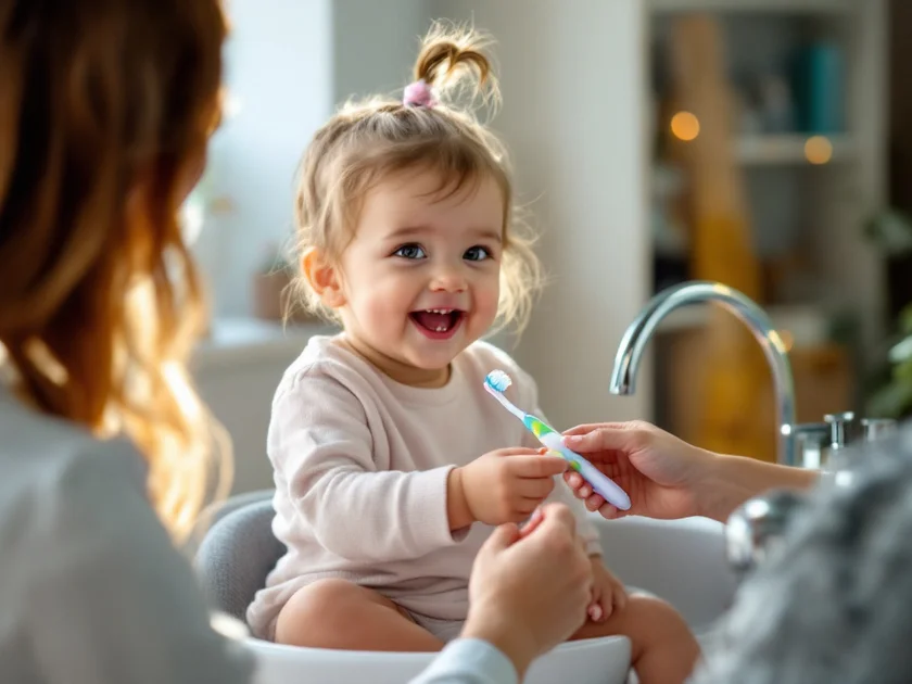 Copil mic zâmbitor cu periuță colorată, ghidat de mâinile unui adult în baie, lumină caldă dimineața.