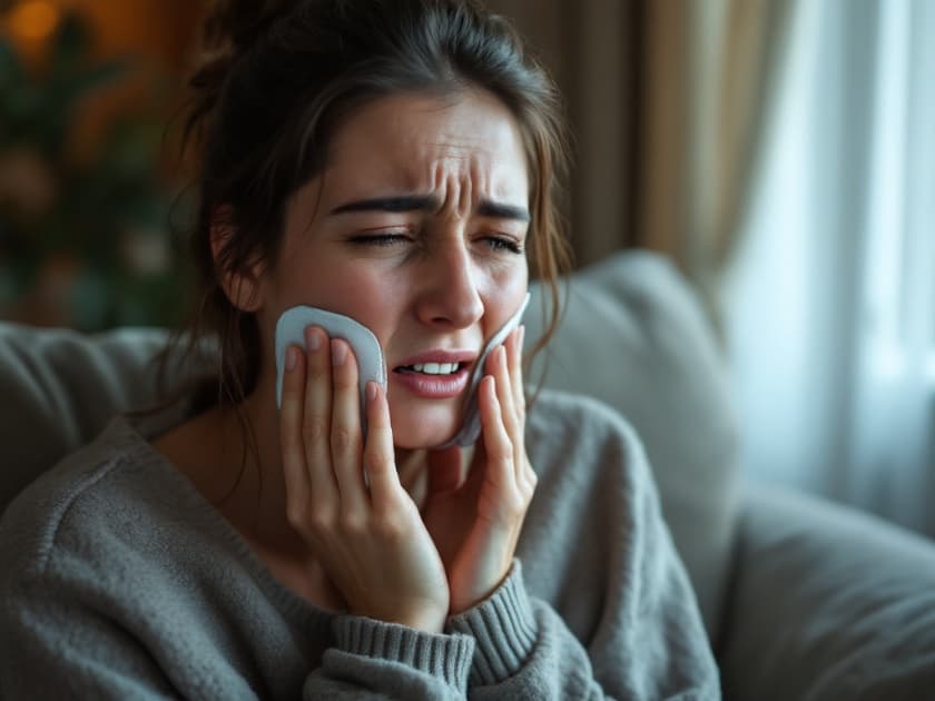 Femeie adultă pe canapea, cu expresie dureroasă, ținându-și maxilarul, în living cald, cu compresă rece și pastile pe masă.