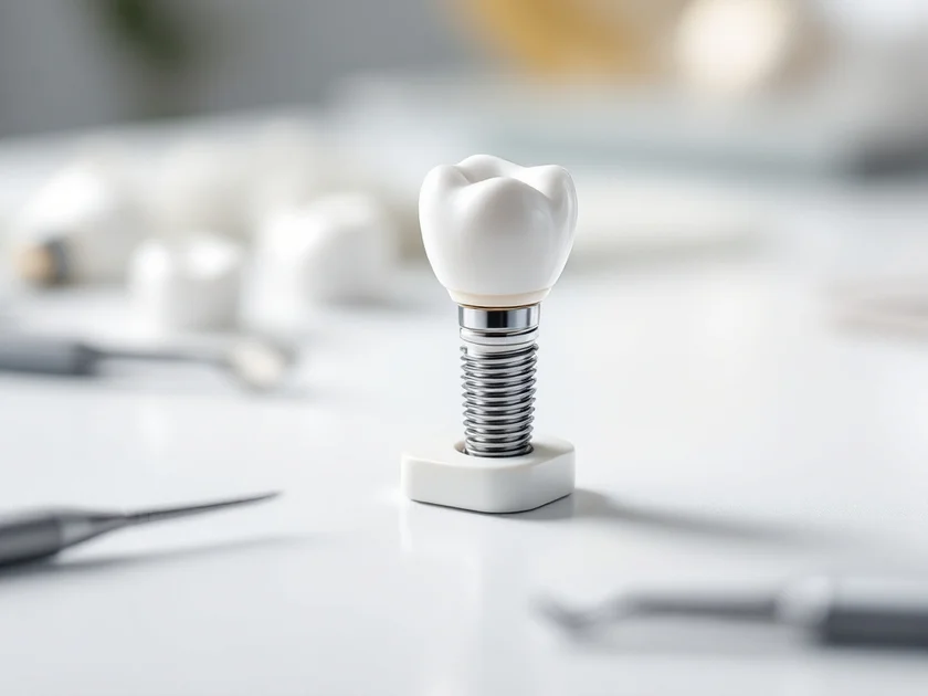 Model dentar cu coroană ceramică poziționată pe un pilier din titan și instrumente stomatologice lângă.
