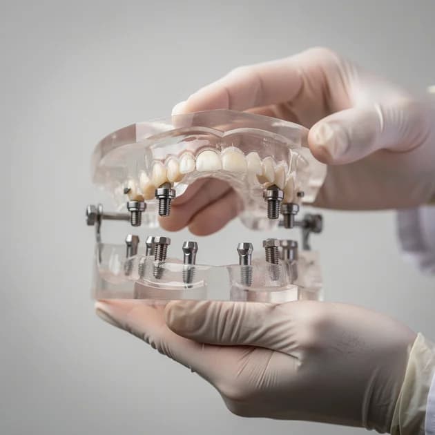 Model acrilic transparent al unei proteze complete susținute de implanturi dentare titanice, pe fundal clinic neutru.