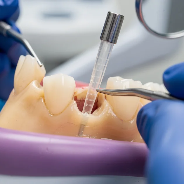 Procedură dentară cu pivot din fibră de sticlă introdus în canalul radicular al unui dinte pregătit.