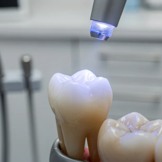 Restaurare dentară cu compozit aplicat pe un molar, iluminată de o lampă LED albastră în cabinet stomatologic.